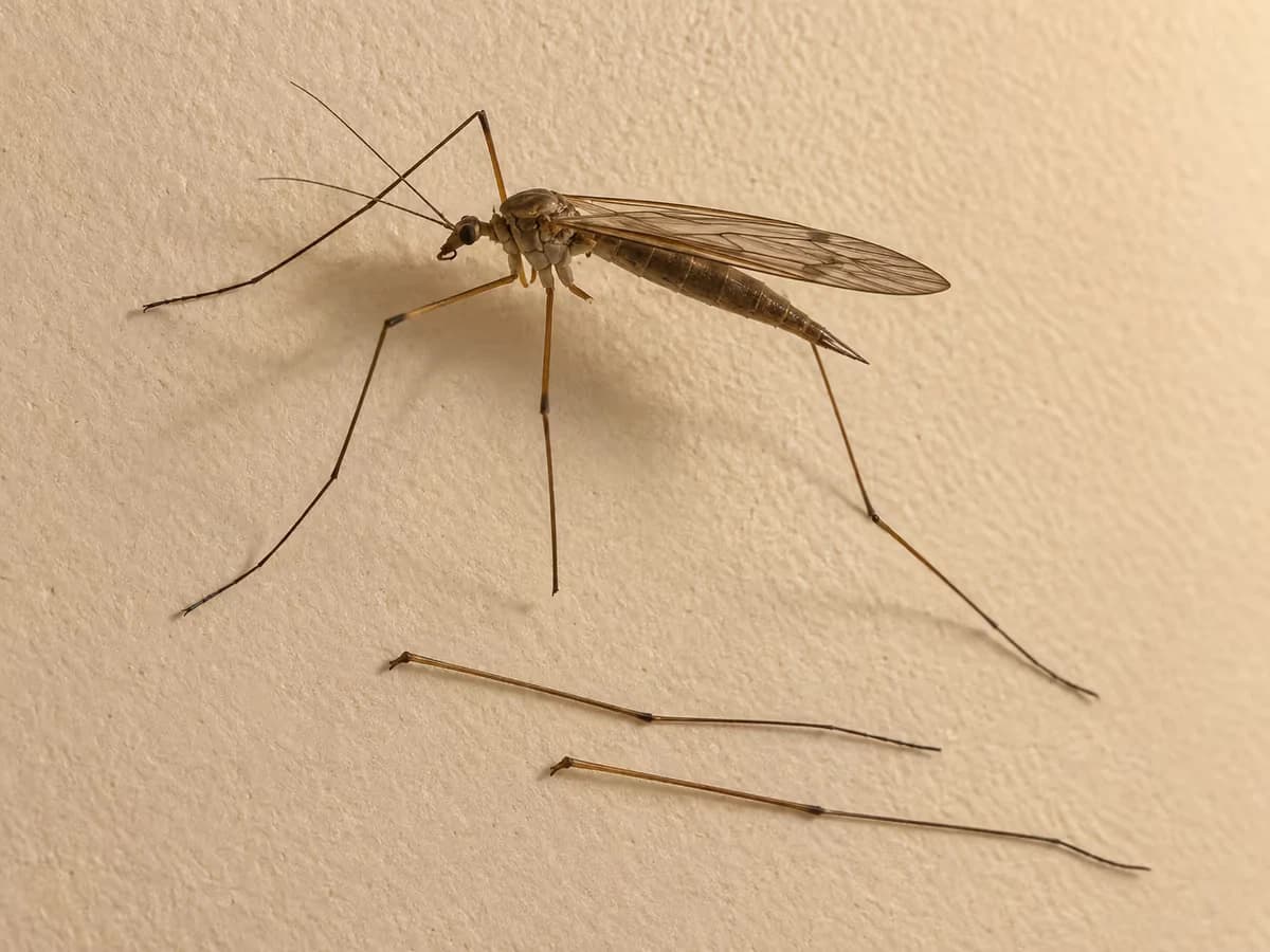 Tipule de profil sur un mur crème, ailes striées repliées, deux pattes déjà détachées sous l'insecte, lumière chaude de lampe