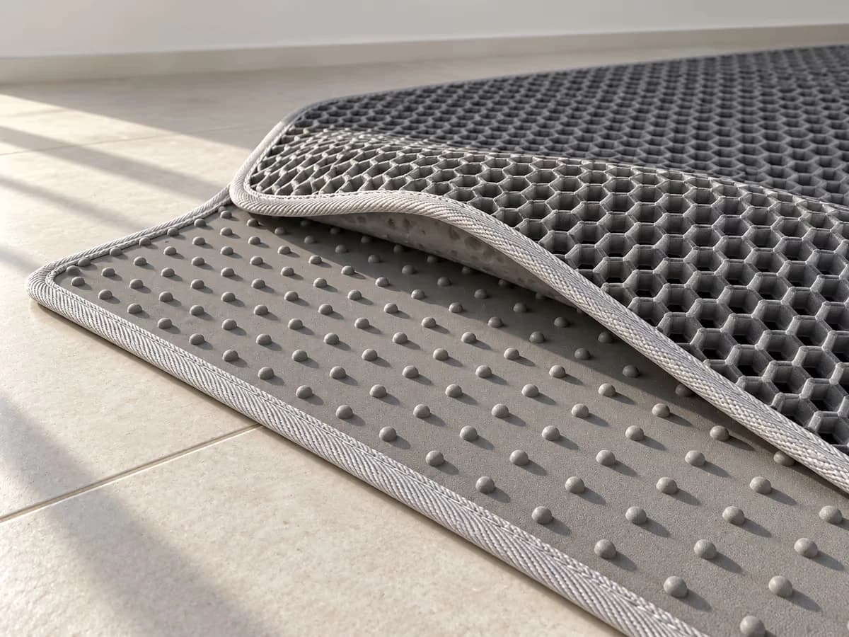 Tapis de litière gris, face à picots ronds d'un côté et alvéoles hexagonales en relief de l'autre, en lumière rasante