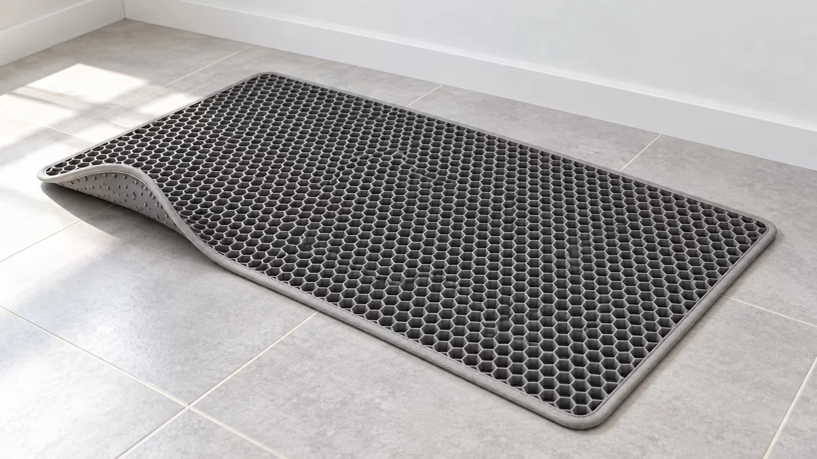 Tapis de litière double couche gris posé de biais sur un carrelage clair, alvéoles hexagonales et picots visibles sur la tranche