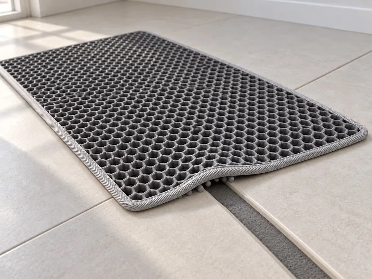 Tapis de litière gris posé en travers d'un joint de carrelage large, une bande du tapis relevée sur le relief du joint
