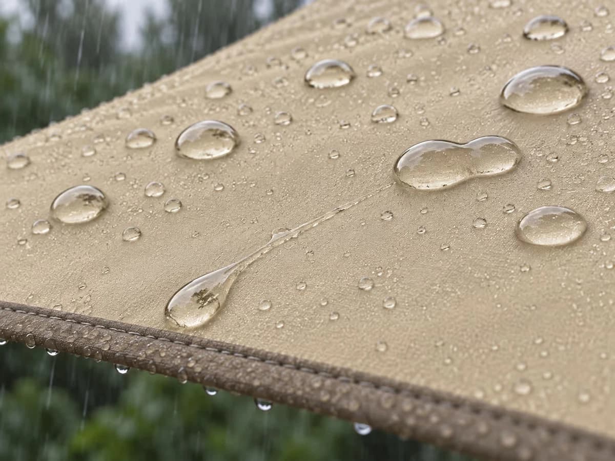 Macro d'une toile de polyester enduite beige sous la pluie, gouttes d'eau formées en surface qui commencent à ruisseler