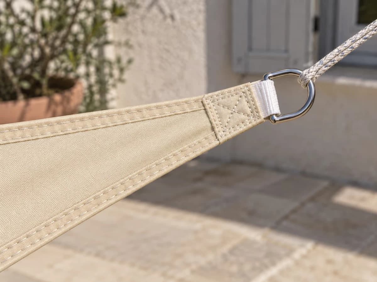 Gros plan sur l'anneau en D cousu à la pointe d'une voile d'ombrage triangulaire beige, corde tendue vers un point d'ancrage, toile floue en arrière-plan
