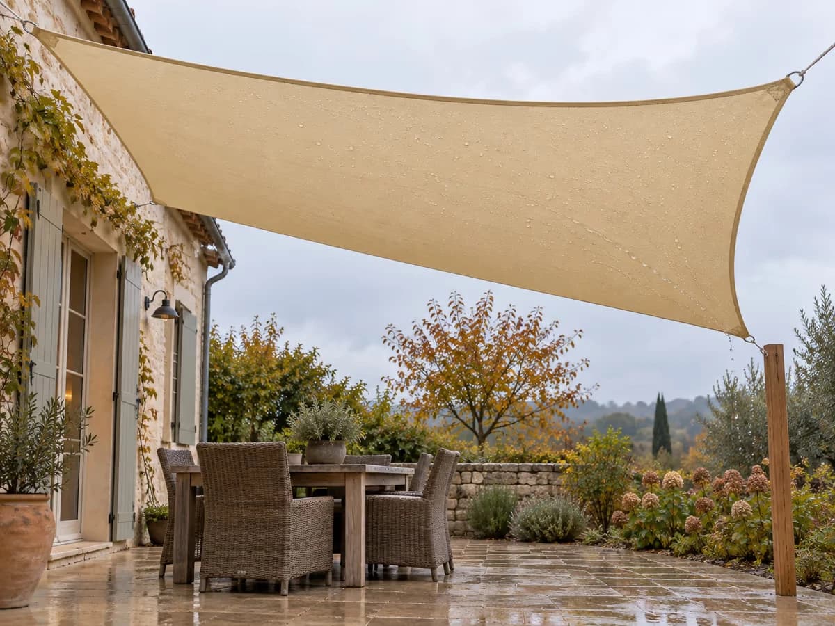Voile d'ombrage rectangulaire beige tendue en dévers au-dessus d'une terrasse, un coin nettement plus bas que les trois autres, gouttes d'eau perlant à ce point
