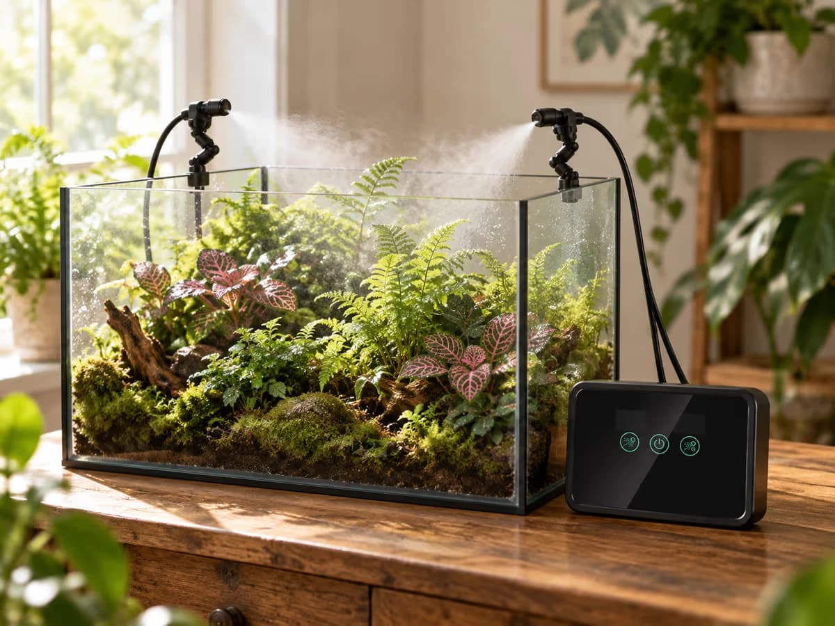 Brume fine diffusée au-dessus des plantes d'un terrarium en verre par deux buses noires, boîtier de commande posé sur le meuble à côté