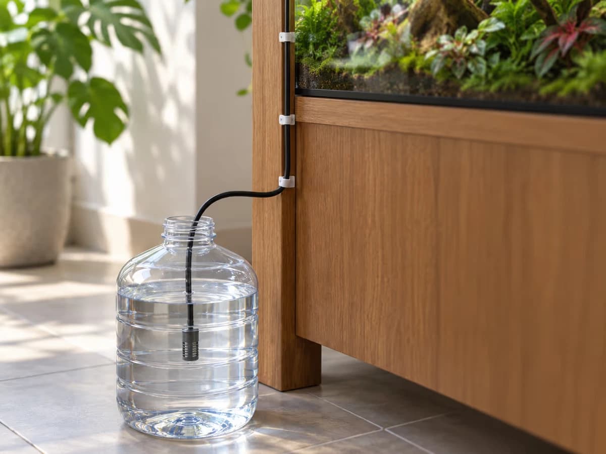 Tuyau en polyéthylène plongeant dans un bidon d'eau déminéralisée posé derrière le meuble d'un terrarium, maintenu par des clips le long du montant