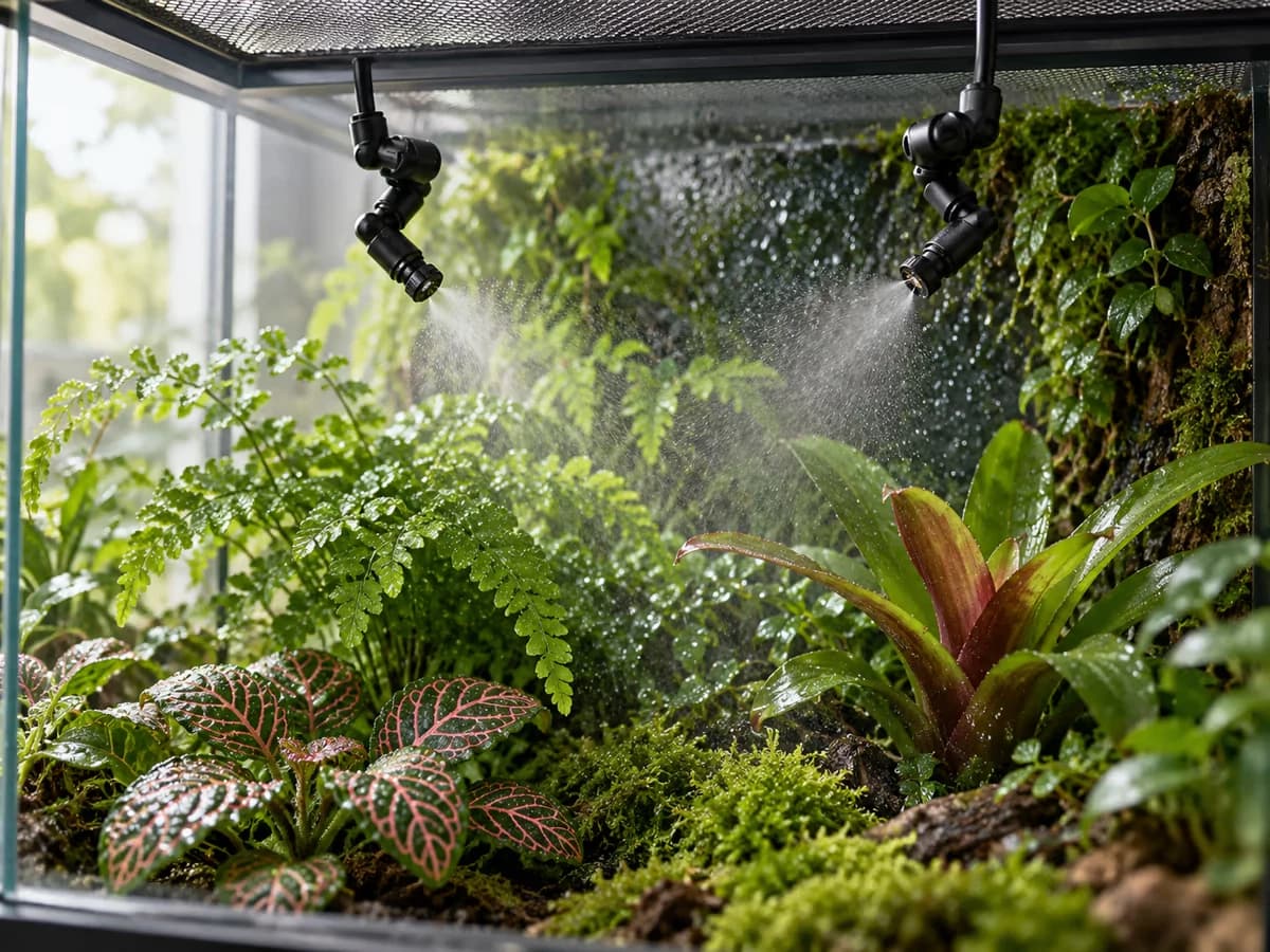 Deux buses orientables au-dessus d'un terrarium planté, fines gouttelettes posées sur une vitre et sur des feuilles vertes