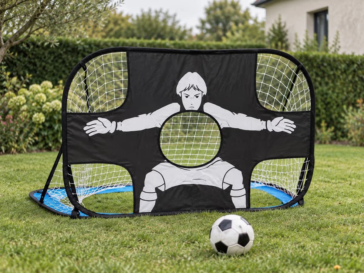 But de football pliable à armature noire et base bleue posé sur une pelouse, cible gardien imprimée sur la face avant tendue de filets, ballon noir et blanc devant la cage, haie et façade de maison en arrière-plan