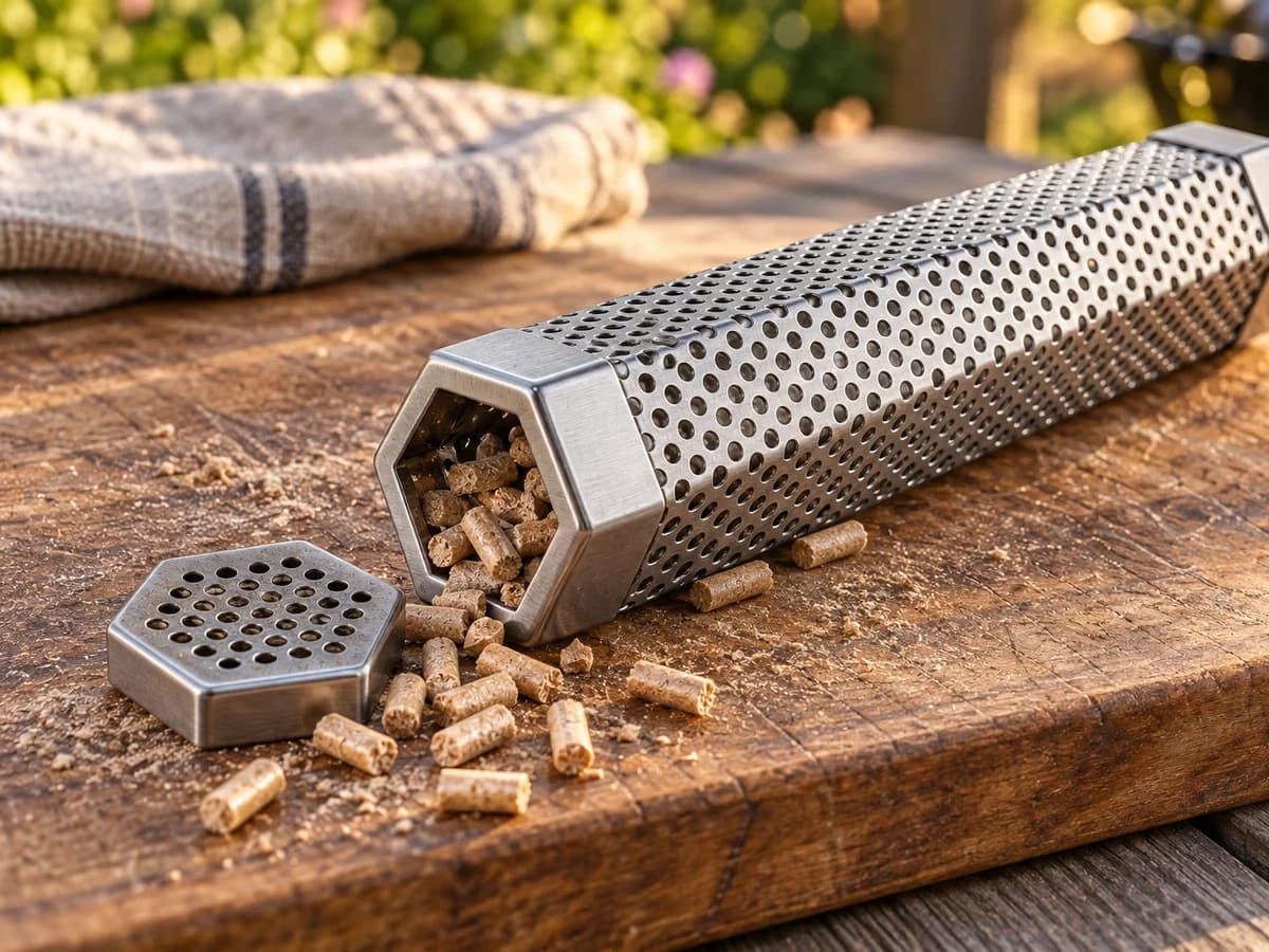 Bouchon hexagonal emboîté posé près de l'extrémité ouverte du tube, pellets de bois répandus sur une planche