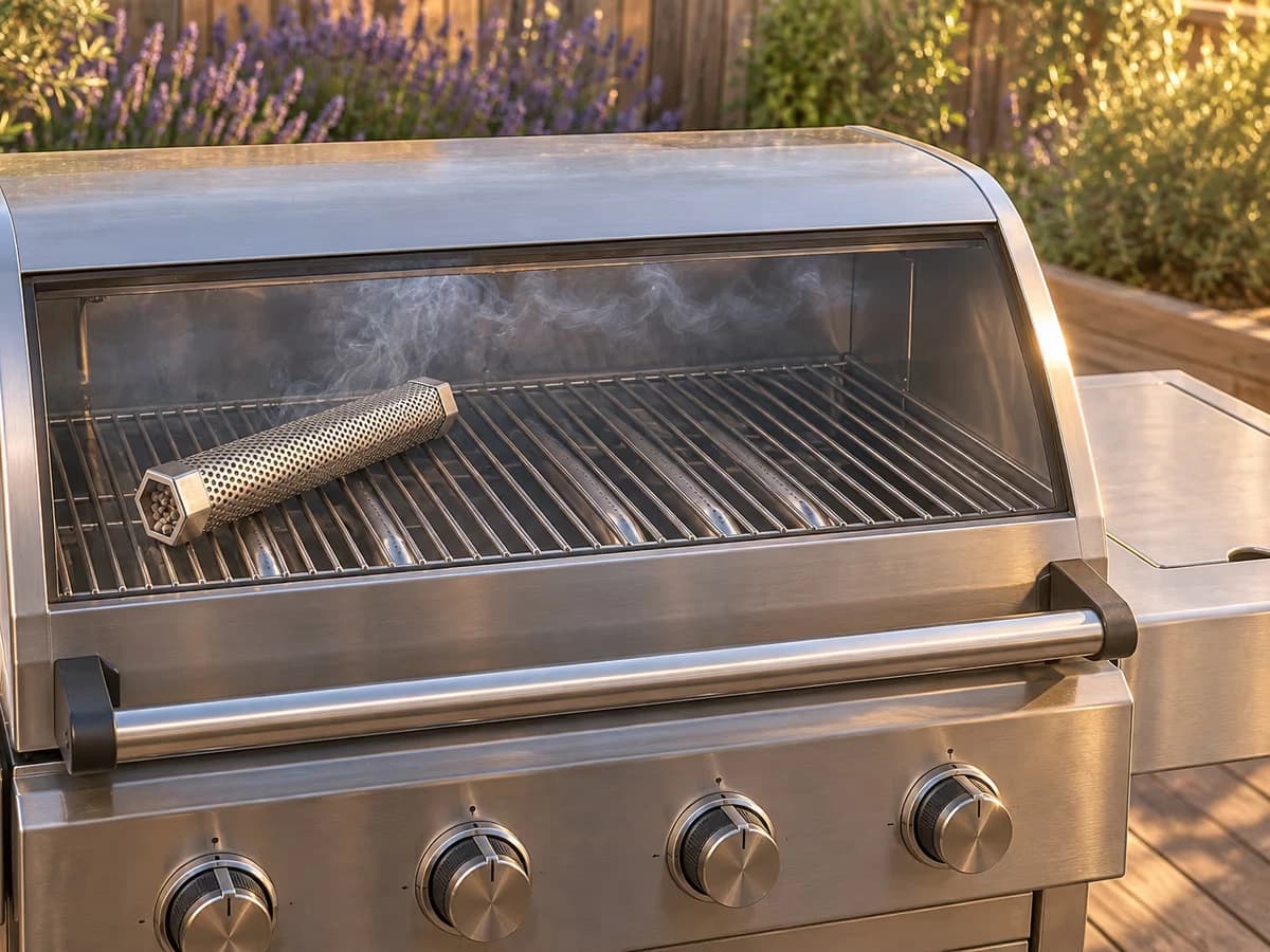 Grille nue d'un barbecue à gaz, tube de fumage couché sur un côté, capot refermé, fumée fine sous le couvercle