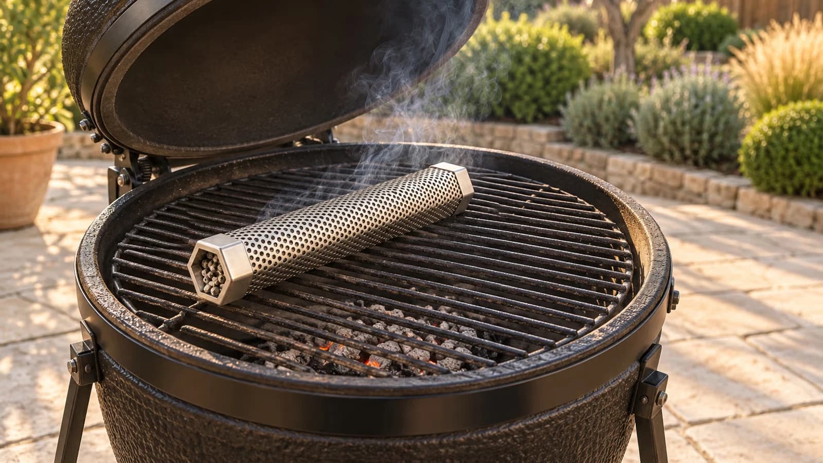 Tube de fumage hexagonal couché sur la grille d'un kamado, couvercle relevé, espace libre au-dessus du tube