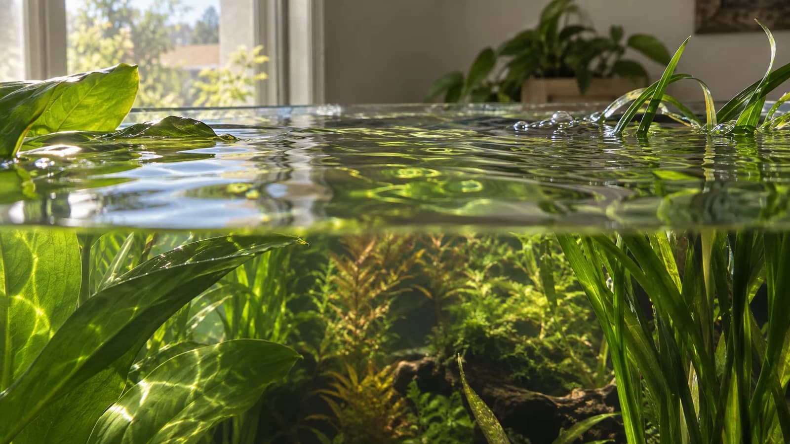 Surface d'un aquarium planté avec un léger remous d'eau
