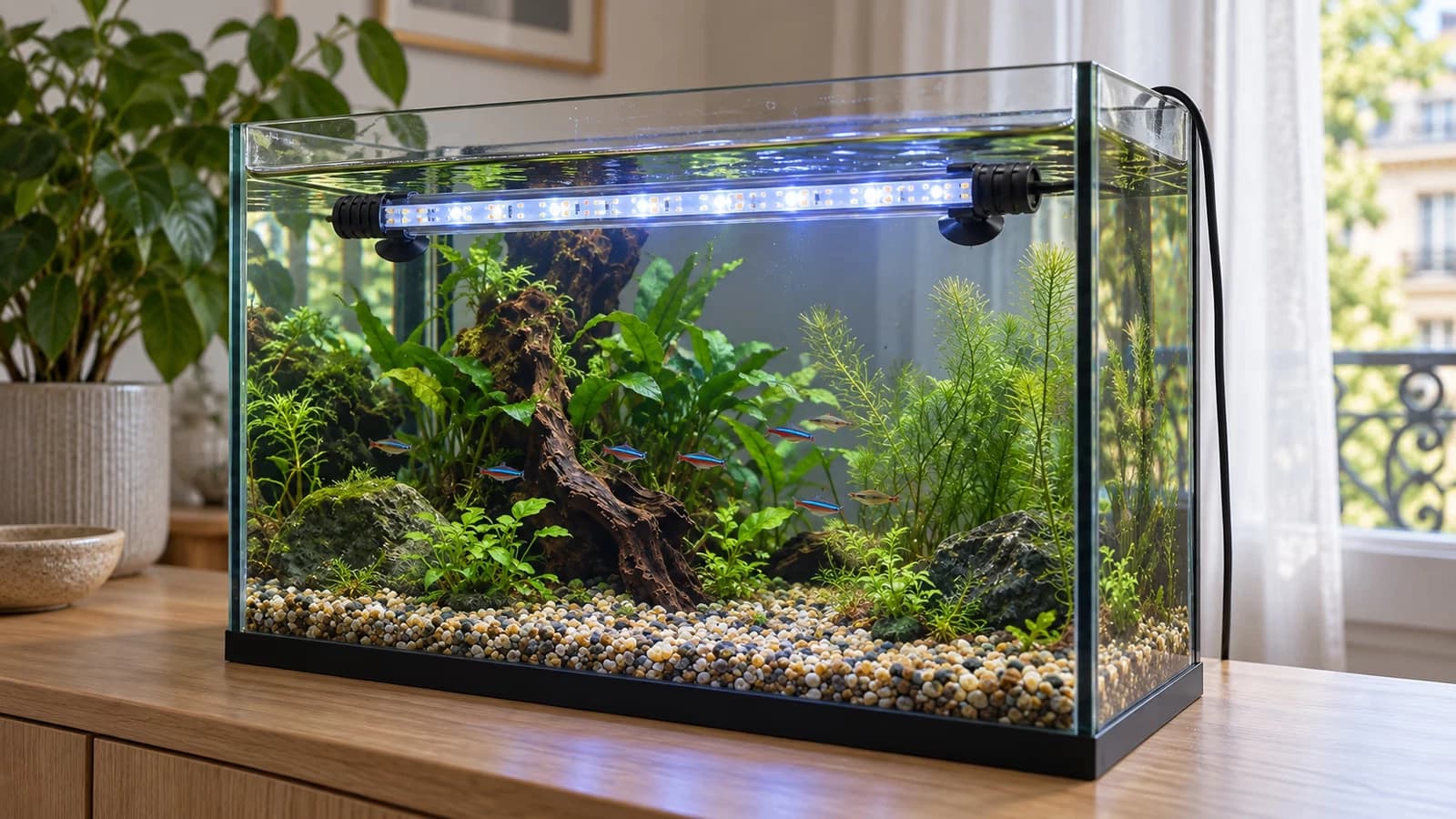 Barre LED bleu-blanc allumée au-dessus d'un aquarium planté de façade moyenne