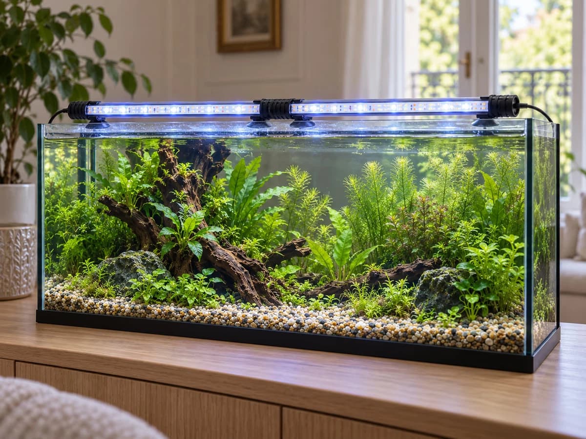Deux barres LED bleu-blanc alignées au-dessus d'un aquarium de un mètre de façade