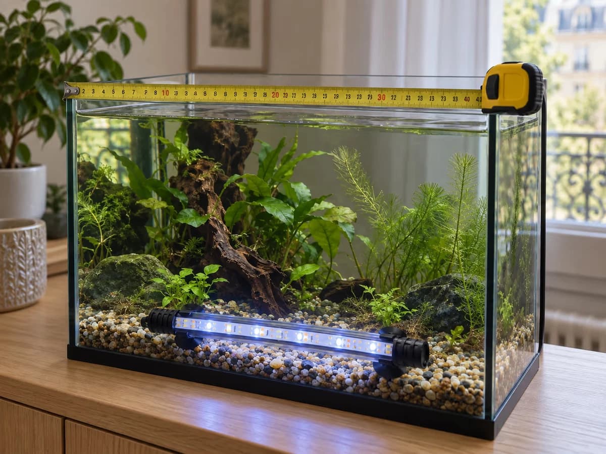 Mètre ruban posé le long de la façade d'un aquarium pour mesurer la largeur de vitre