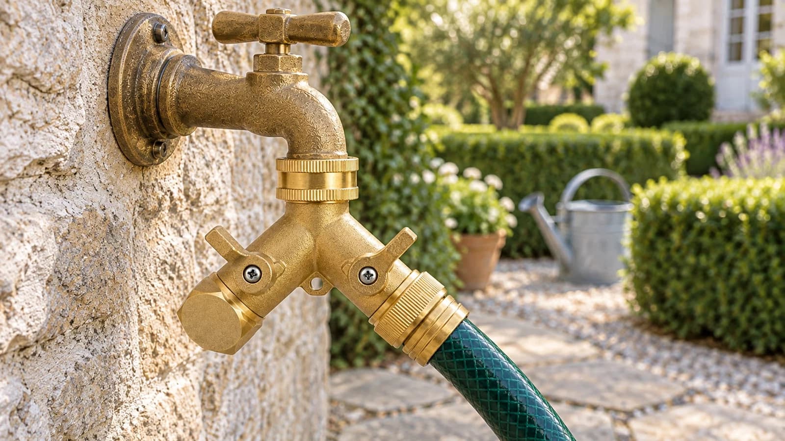 Bouchon laiton à tête hexagonale posé sur un répartiteur deux voies fixé à un mur de jardin, tuyau vert débranché