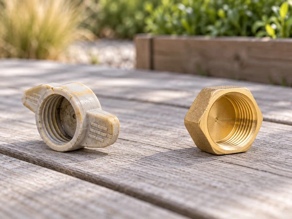 Obturateur en plastique blanchi posé à côté d'un bouchon en laiton à tête hexagonale, sur une terrasse en bois