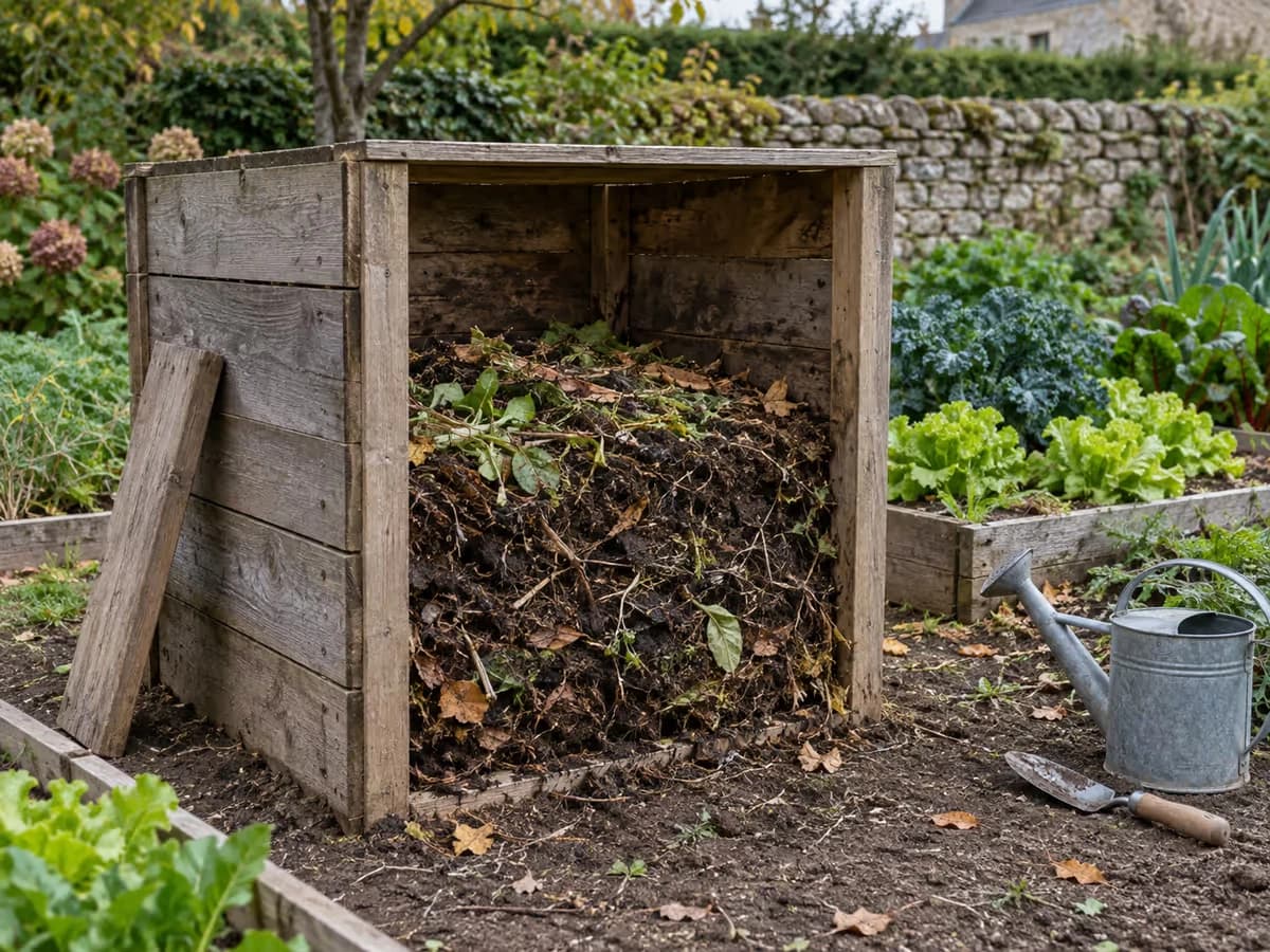 Bac à compost monté en planches de récupération dans un potager, une face entièrement ouverte pour retourner la matière