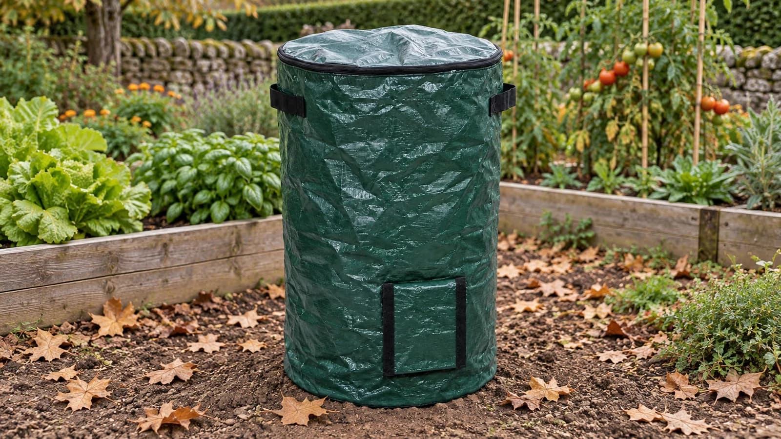 Composteur souple en toile tissée verte, rempli et refermé par sa glissière, posé sur un sol plat au bord d'un potager