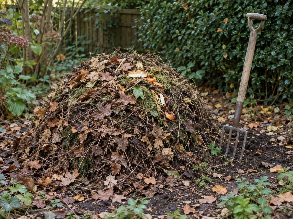 Tas de compost libre posé sur la terre au fond d'un jardin, à l'ombre d'une haie, fourche de retournement plantée à côté