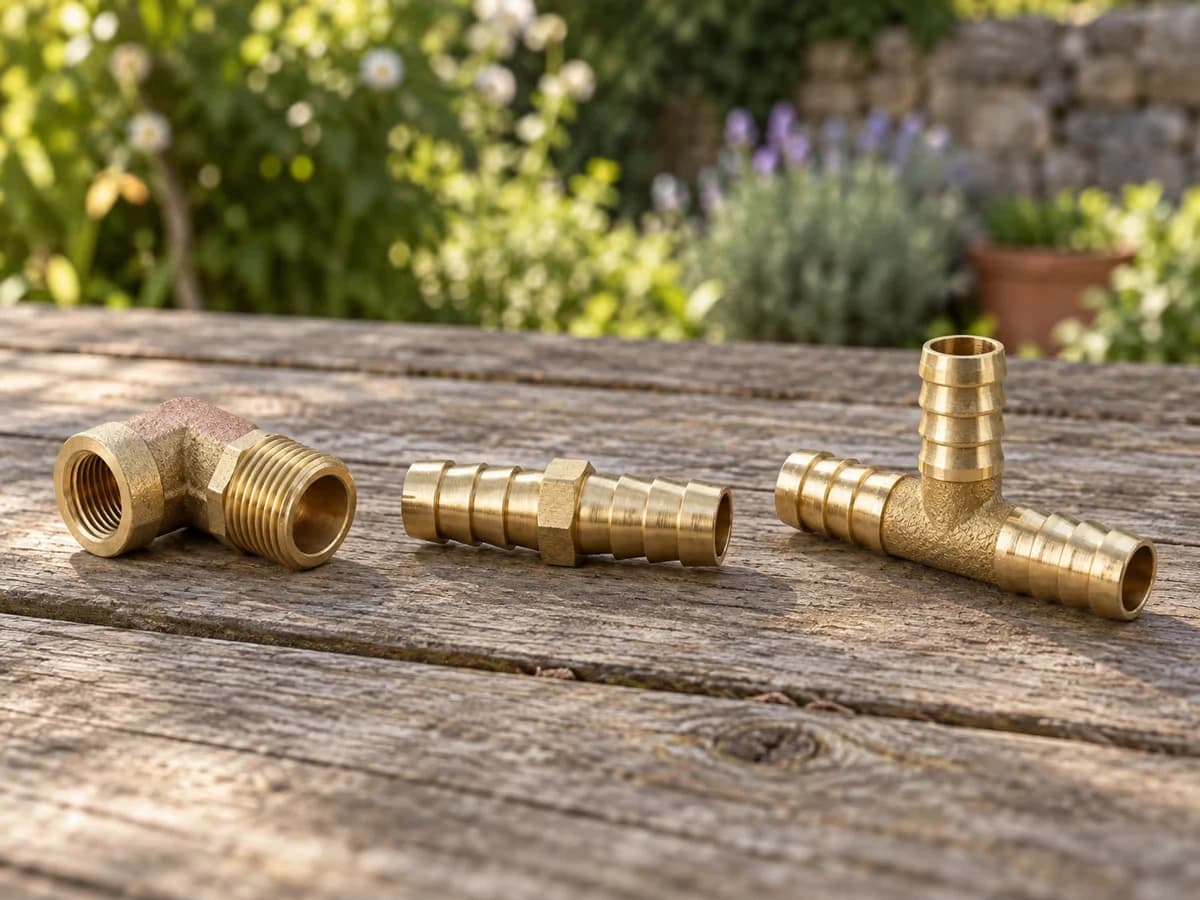 Raccord coudé laiton, manchon à double barbelure et té laiton à trois voies alignés sur une table de jardin en bois