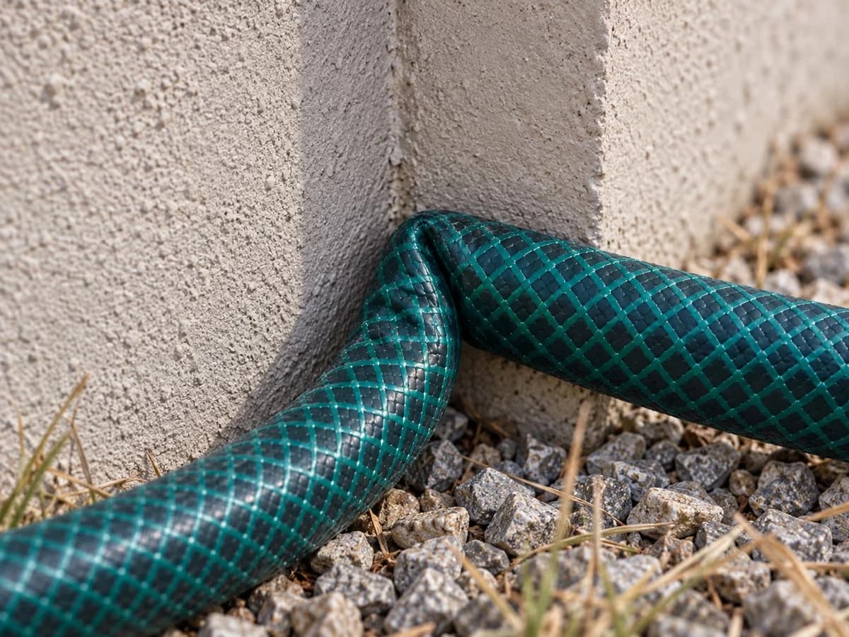 Tuyau d'arrosage vert plié à angle droit contre l'angle d'un mur enduit, pli marqué visible sur la gaine
