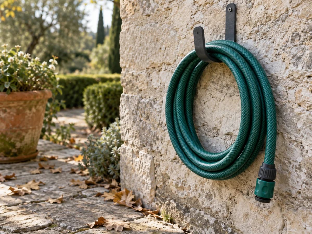 Tuyau d'arrosage vert enroulé sur un crochet mural en métal, au-dessus d'une terrasse en pierre, extrémité raccordée pendante