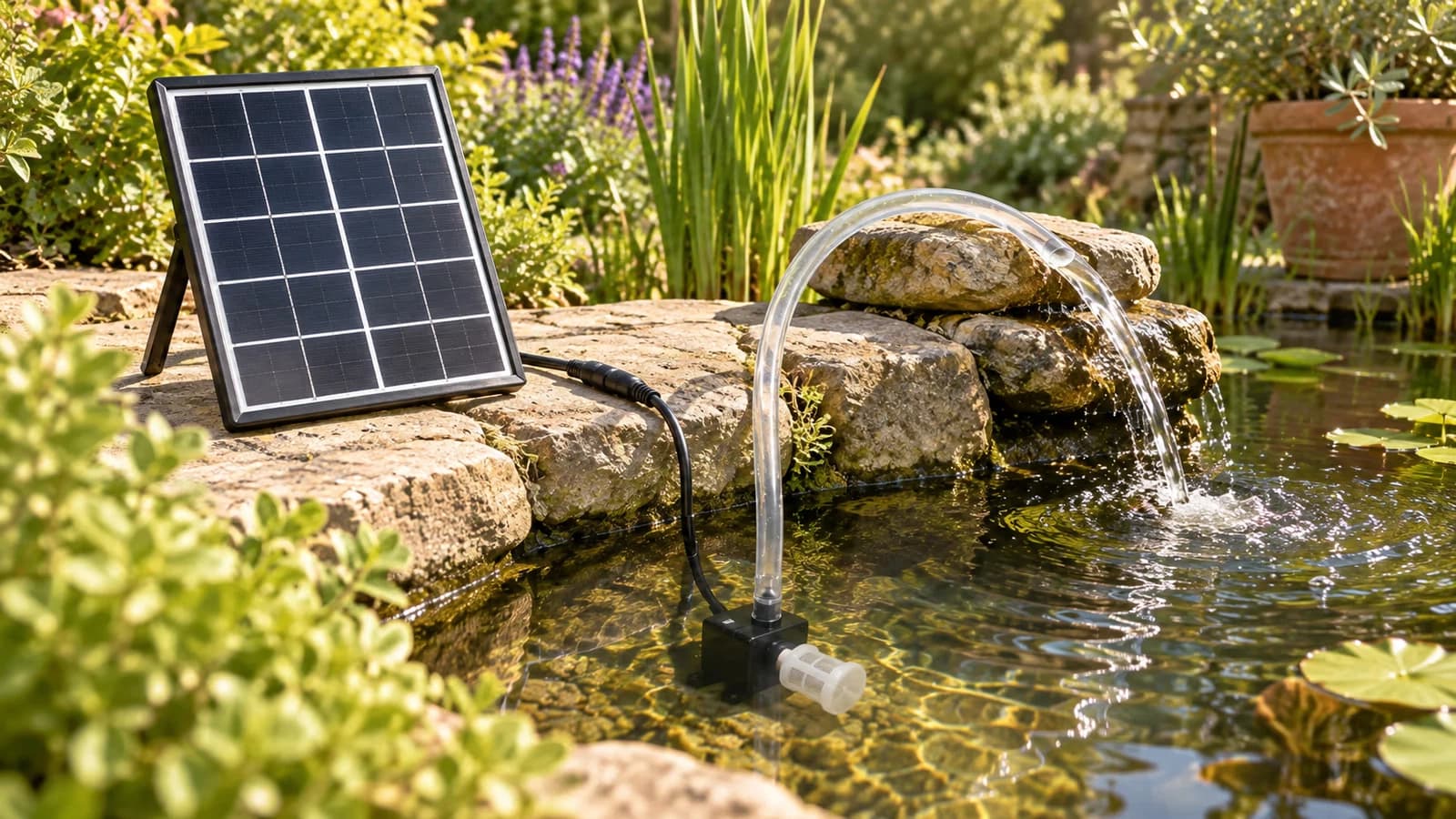 Kit solaire de bassin posé sur une berge : panneau noir incliné au soleil, pompe immergée dans l'eau claire et tuyau souple qui remonte vers un empilement de pierres plates