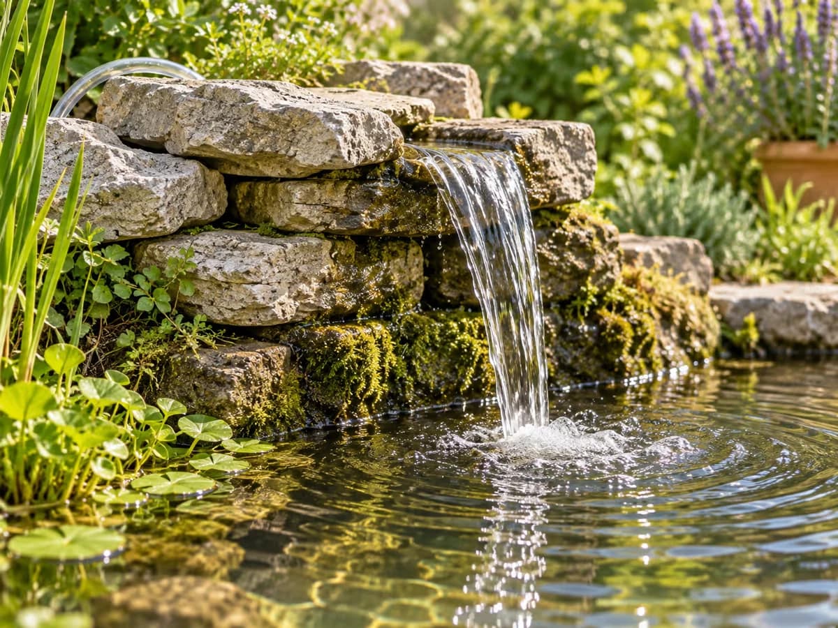 Tuyau souple de pompe glissé derrière un empilement de pierres plates sur une berge, lame d'eau qui retombe dans un bassin de jardin