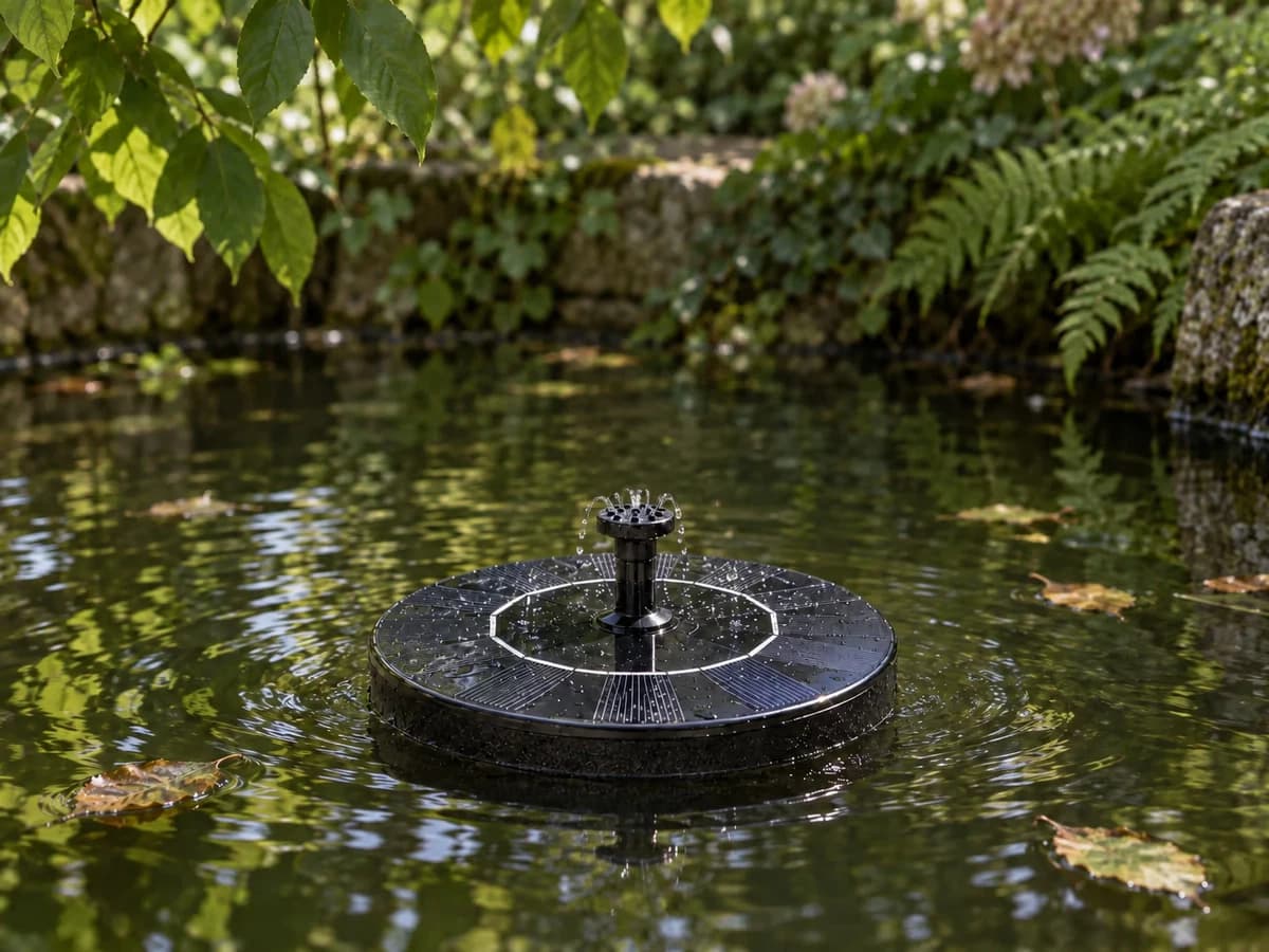 Fontaine solaire flottante posée sur une eau calme à l'ombre d'un feuillage, jet en filet au centre du disque