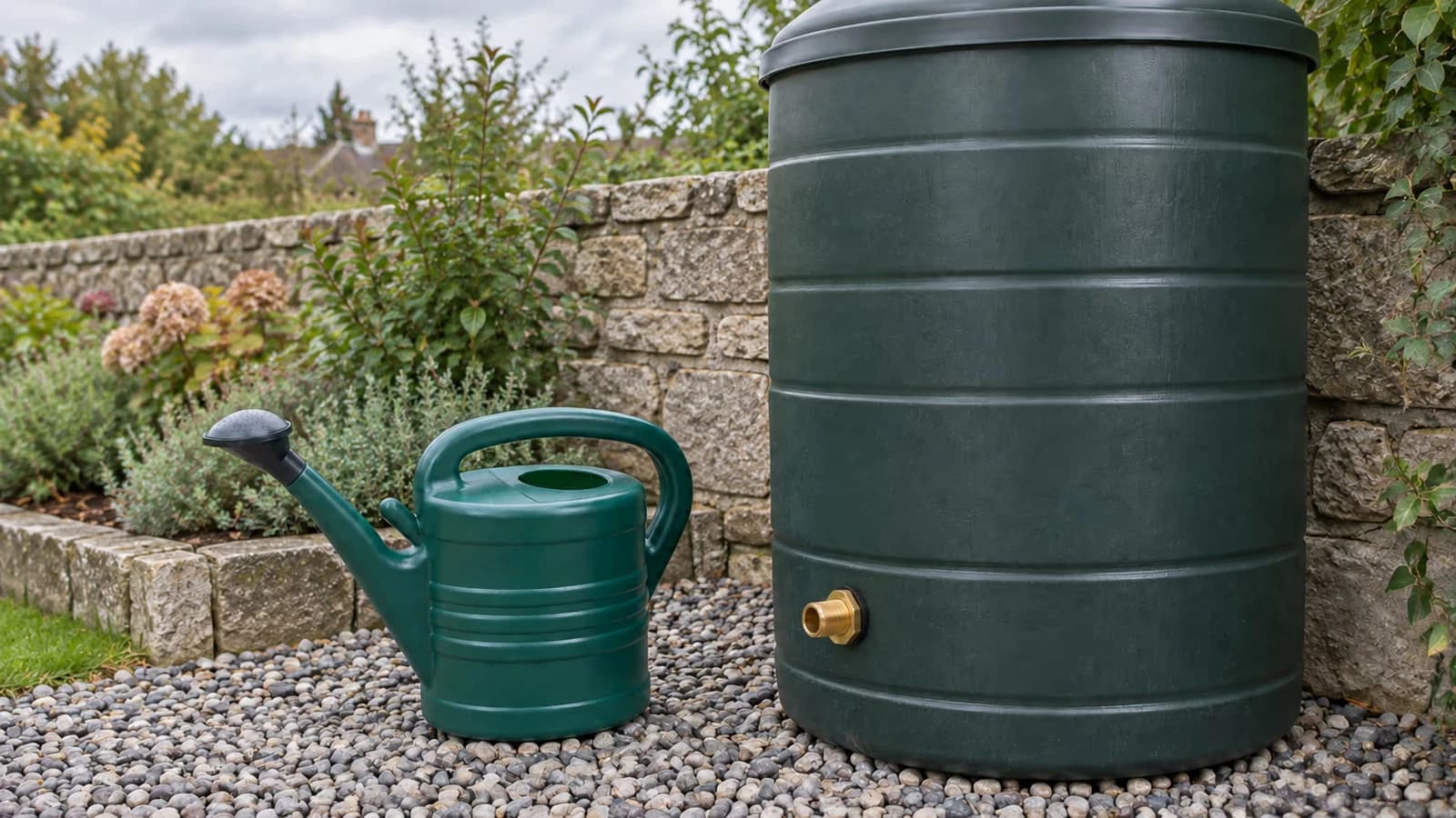 Fût de récupération d'eau de pluie équipé d'une sortie basse en laiton, arrosoir de jardin posé au pied de la cuve