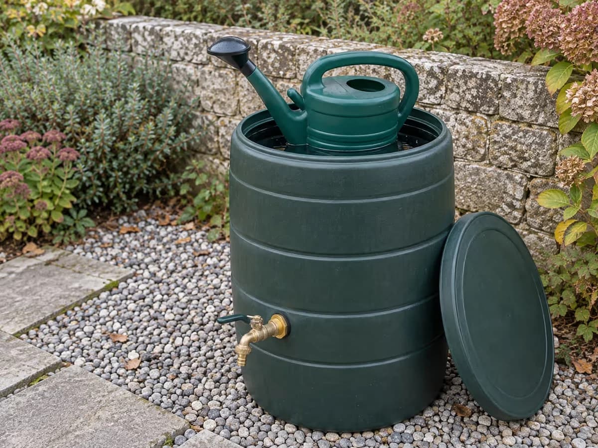 Arrosoir de jardin plongé dans l'ouverture d'une cuve de récupération d'eau de pluie, sans remuer le fond
