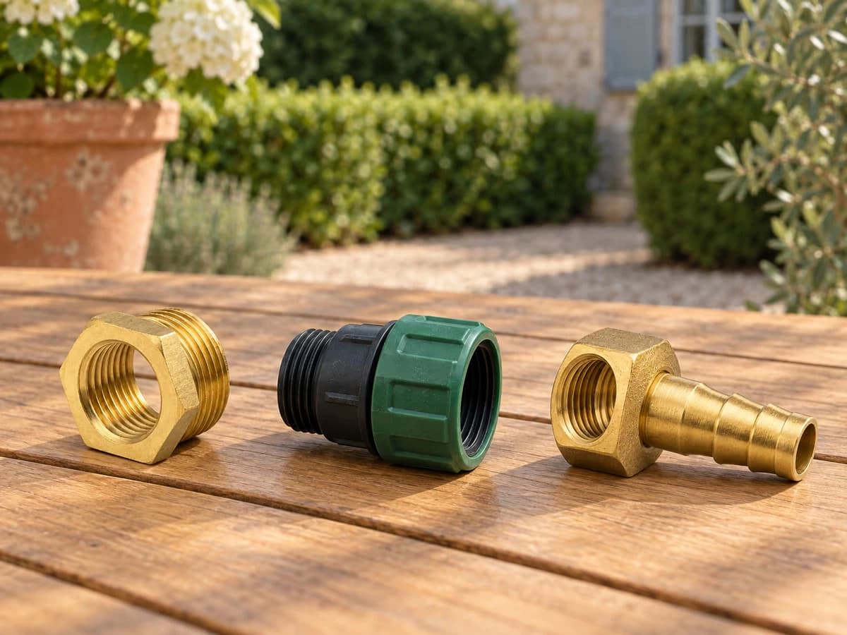 Douille réductrice en laiton, adaptateur d'arrosage en matière synthétique et raccord laiton pour tuyau de 19 mm alignés sur une table de jardin en bois