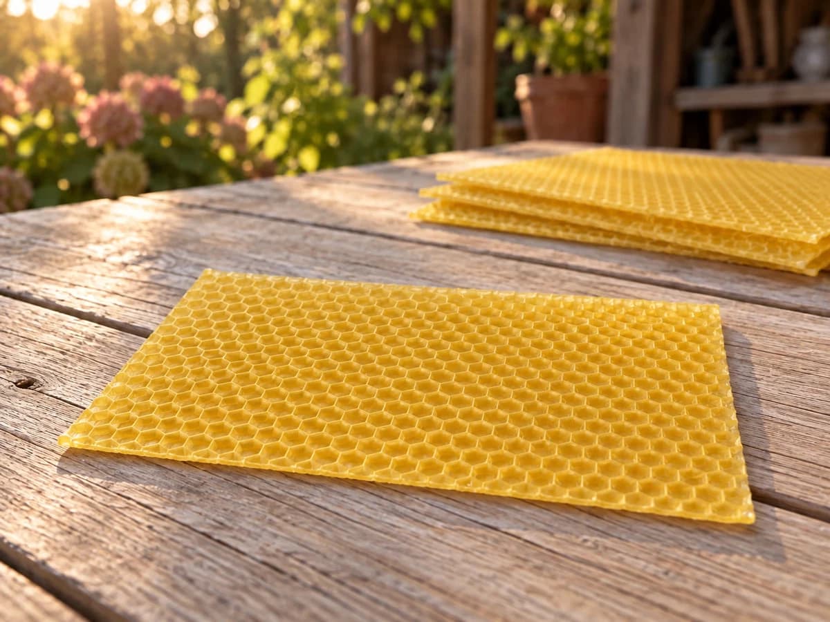 Feuille de cire gaufrée jaune doré posée à plat sur une table en bois, empreinte nid d'abeille visible par transparence