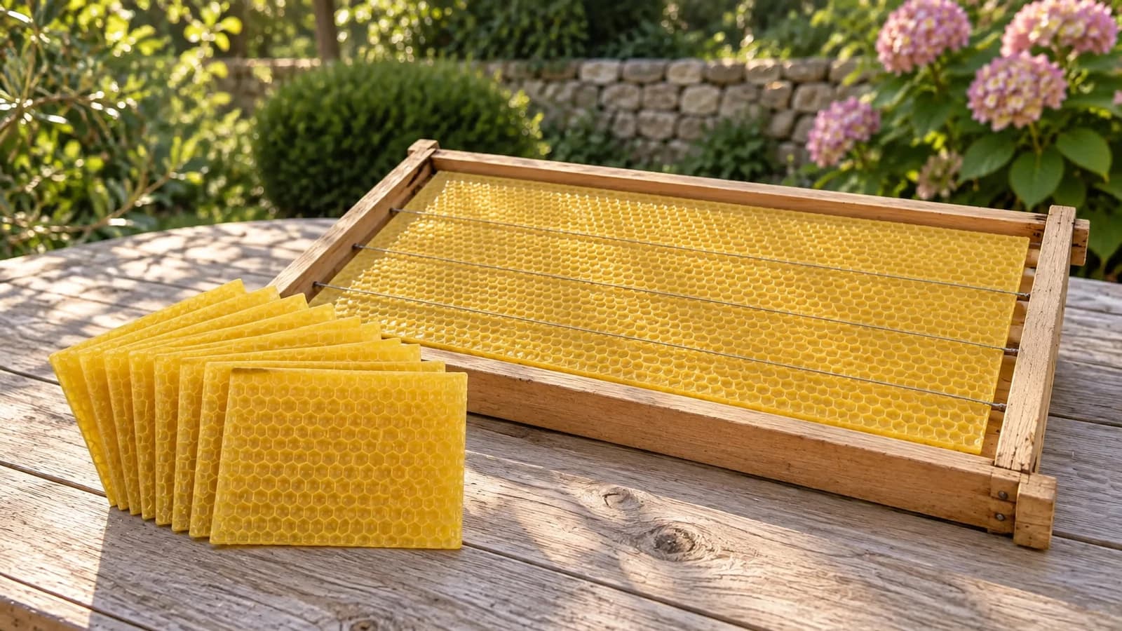 Feuilles de cire gaufrée jaune doré tenues en éventail devant un cadre de ruche en bois posé sur une table claire