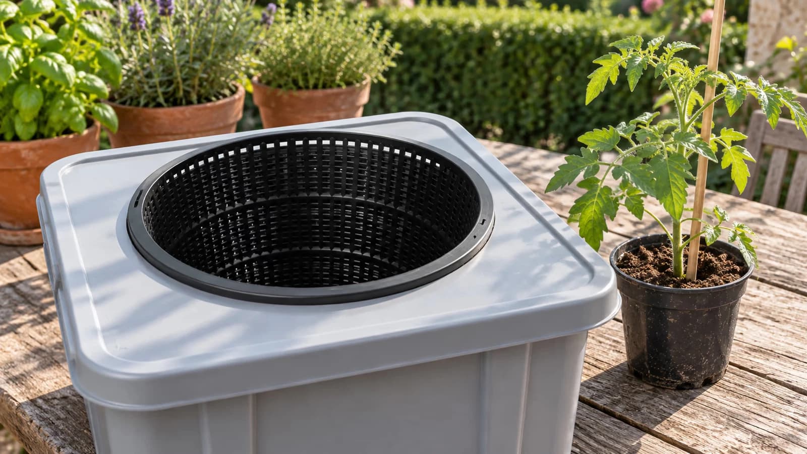 Grand panier hydroponique noir ajouré posé dans l'ouverture ronde d'un couvercle de bac clair, plant de tomate en godet à côté