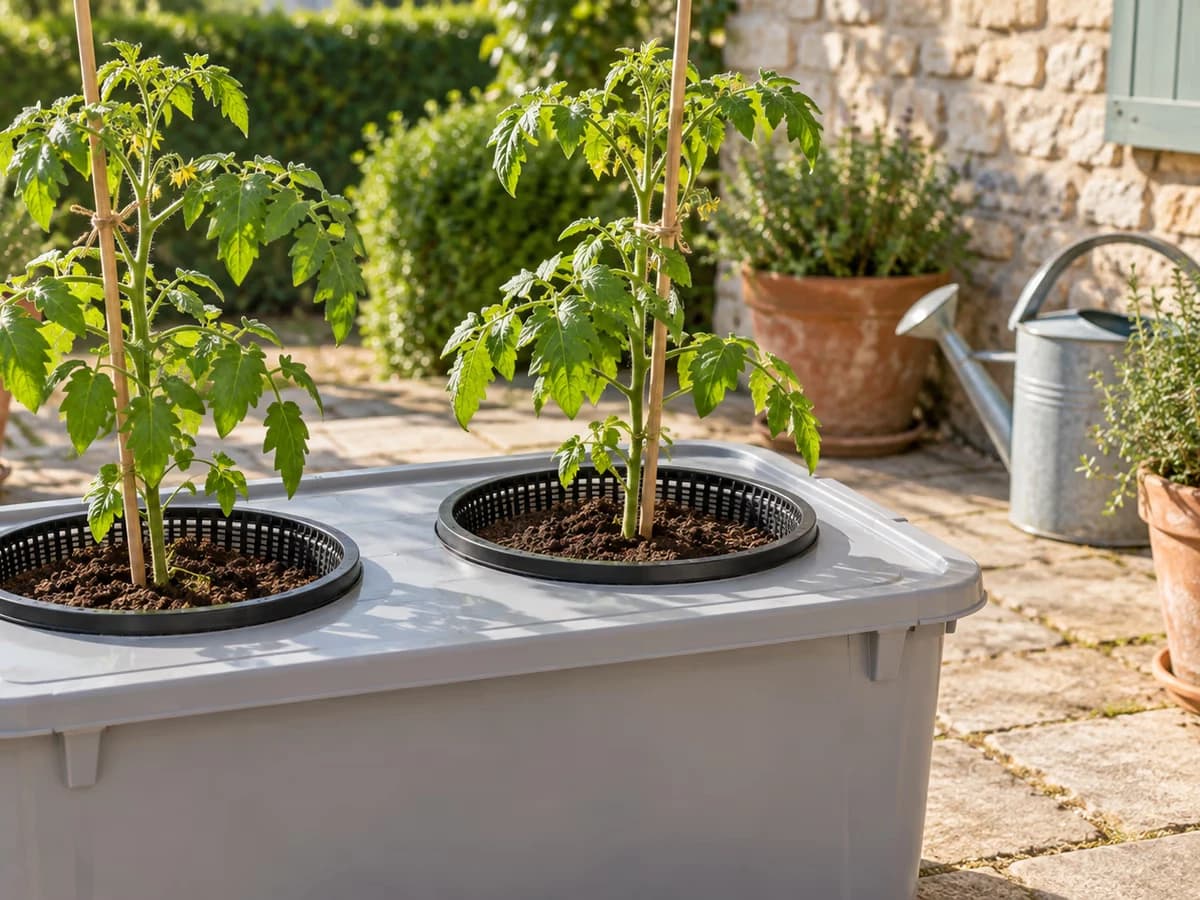 Bac de culture clair avec couvercle percé de deux grands paniers noirs garnis, plants de tomate tuteurés en arrière-plan sur une terrasse