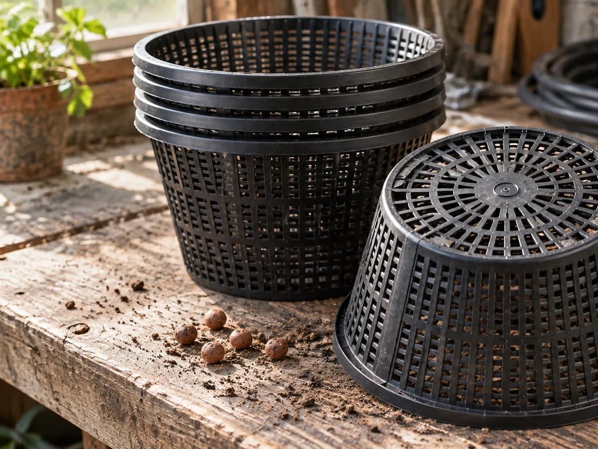 Fond ajouré d'un grand panier noir retourné sur un établi de bois, couronne de fentes rayonnantes et pile de paniers emboîtés à côté