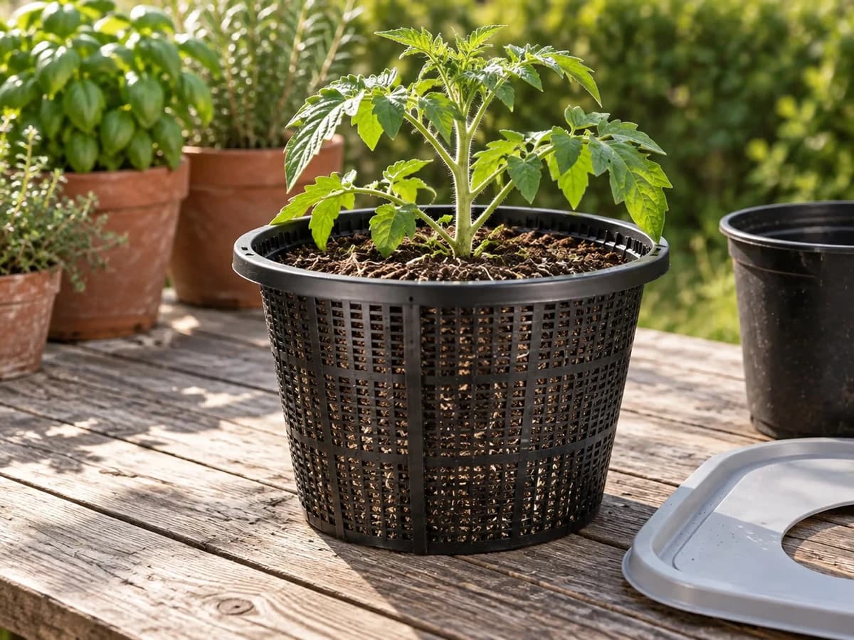 Grand panier en maille noire garni de substrat et planté d'un jeune plant de tomate, couvercle clair percé d'une ouverture ronde posé à côté sur l'établi