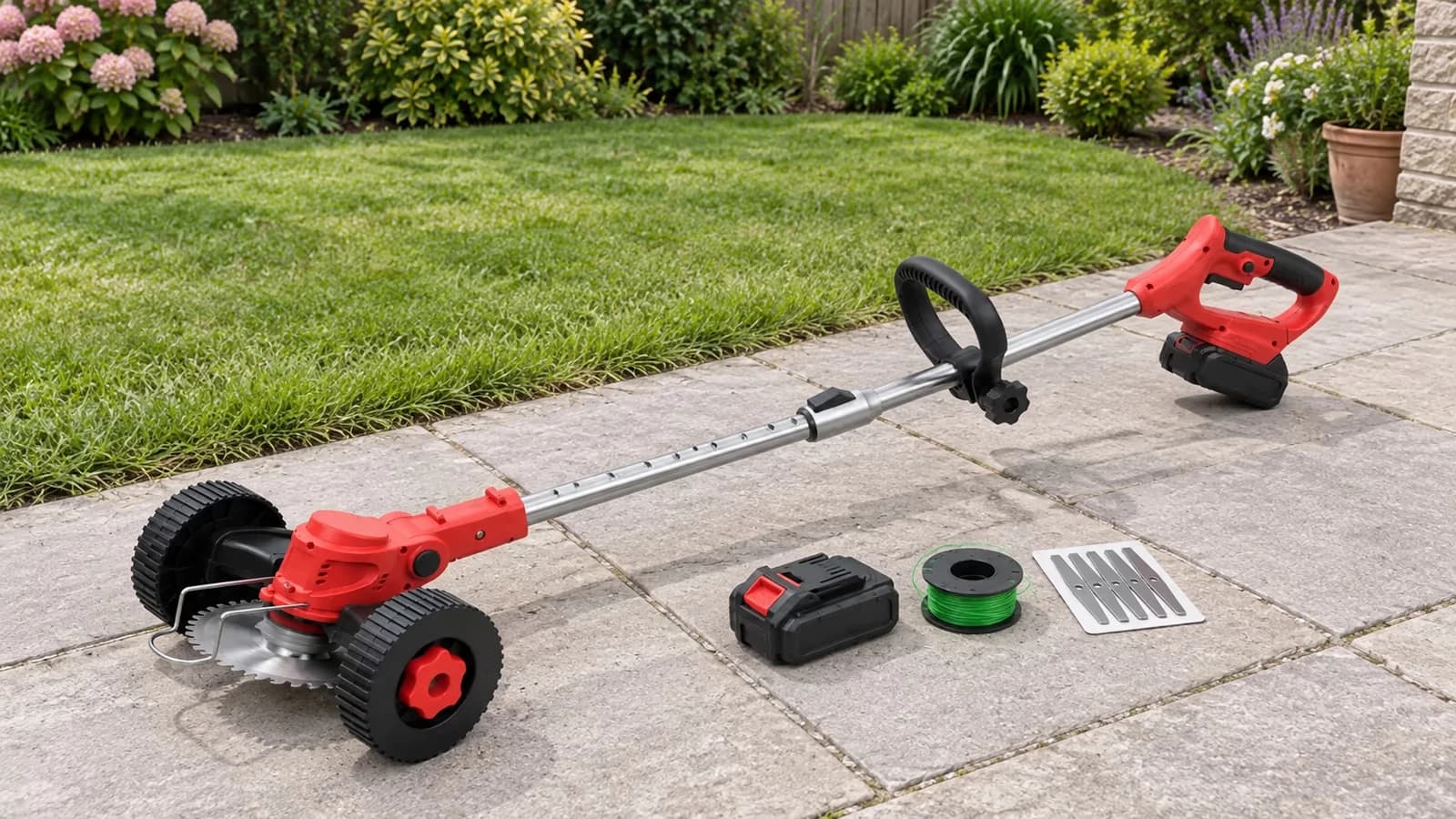 Petit coupe bordure à roue posé sur une terrasse dallée, sa seconde batterie et sa bobine de fil alignées à côté sur le carrelage