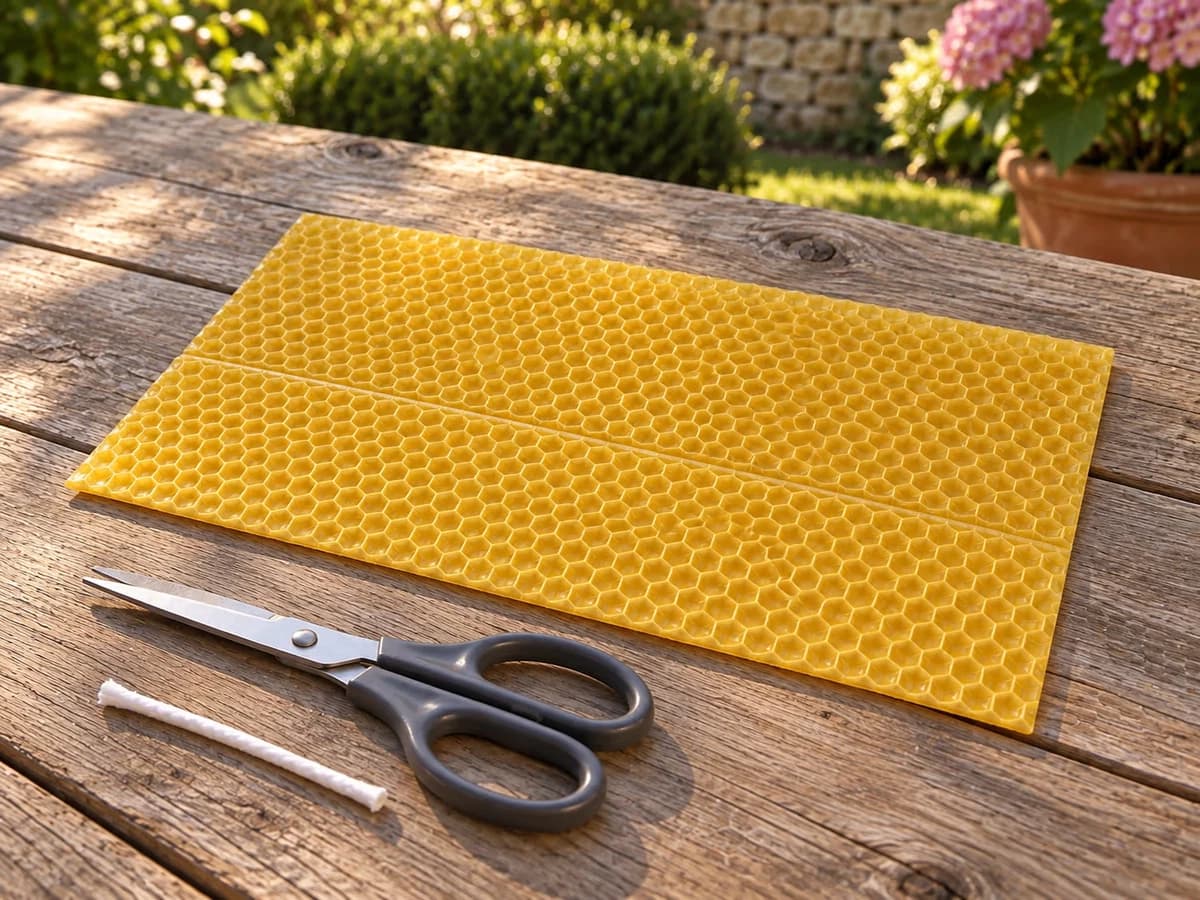 Feuille de cire gaufrée posée à plat sur une table en bois, une bande tracée à l'ongle et des ciseaux posés à côté