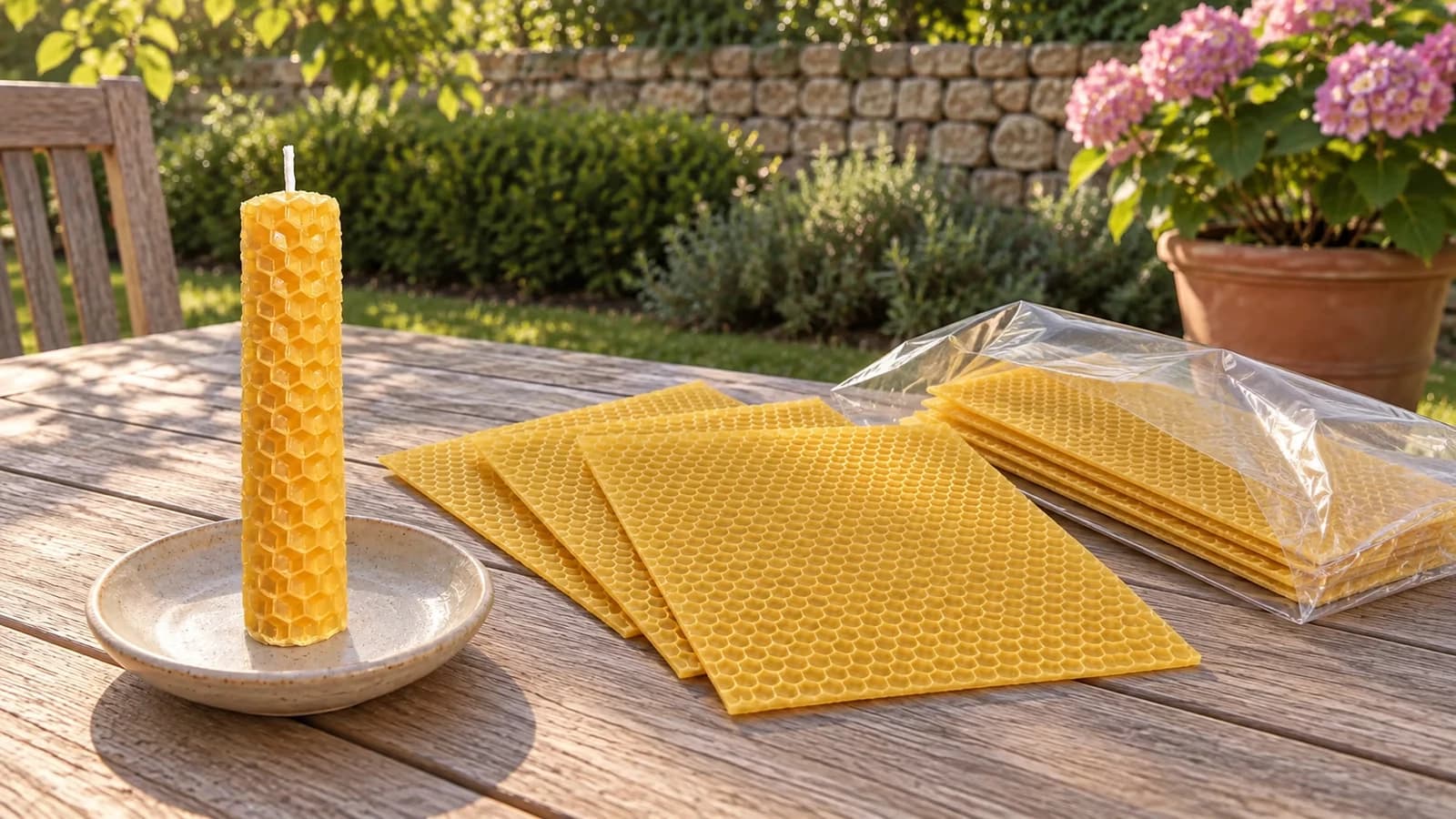 Feuilles de cire gaufrée jaune pâle étalées sur une table en bois clair, une bougie roulée debout à côté du sachet ouvert