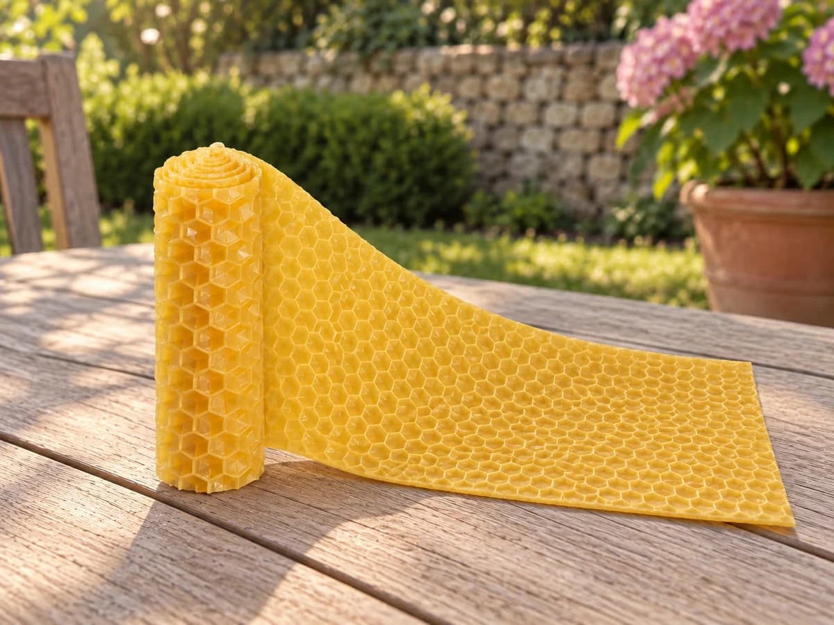 Feuille de cire gaufrée à moitié enroulée sur une table claire, spirale serrée d'un côté et bande encore plate de l'autre