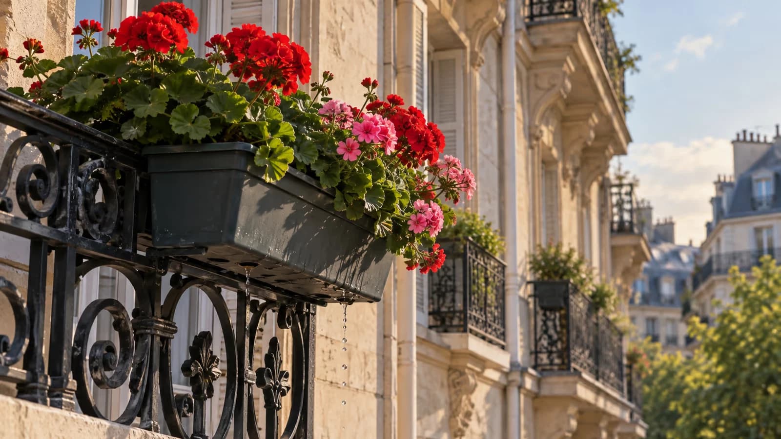 Gouttes d'eau tombant d'une jardinière au bord d'un balcon en ville, garde-corps métallique et façade en arrière-plan