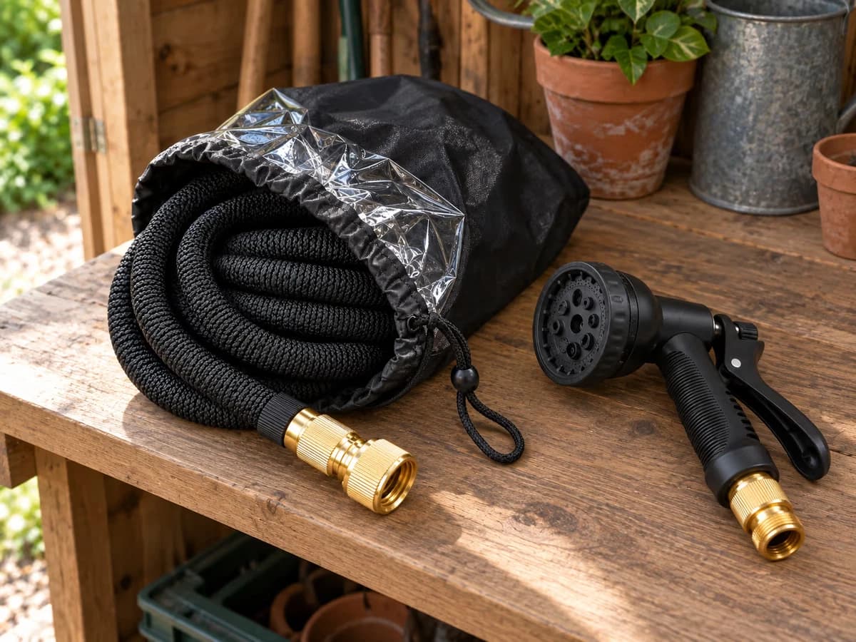 Sac de transport d'enrouleur mobile ouvert sur une étagère d'abri, tambour et buse rangés, gaine sèche enroulée