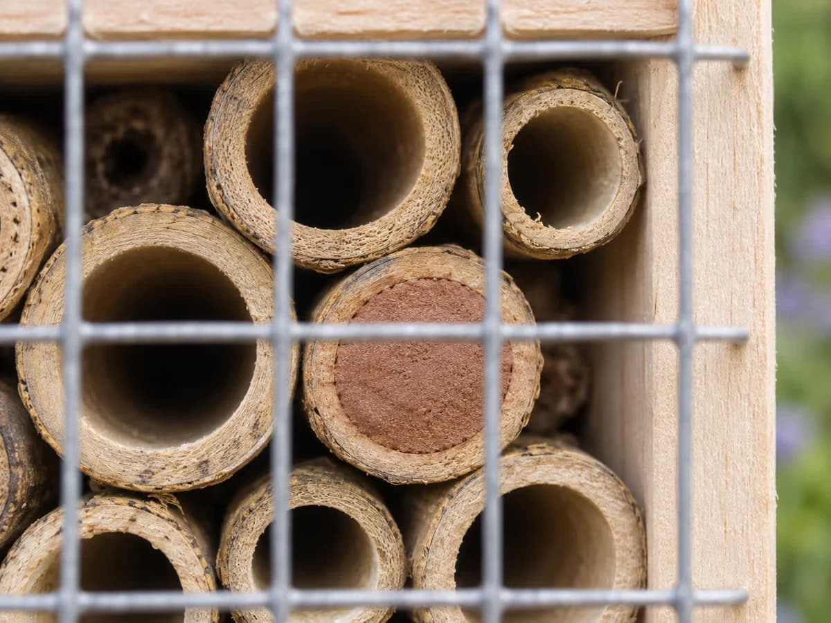 Entrée d'un tube de bambou refermée par un bouchon de terre lisse, deux galeries voisines restées ouvertes dans la façade d'un abri en bois