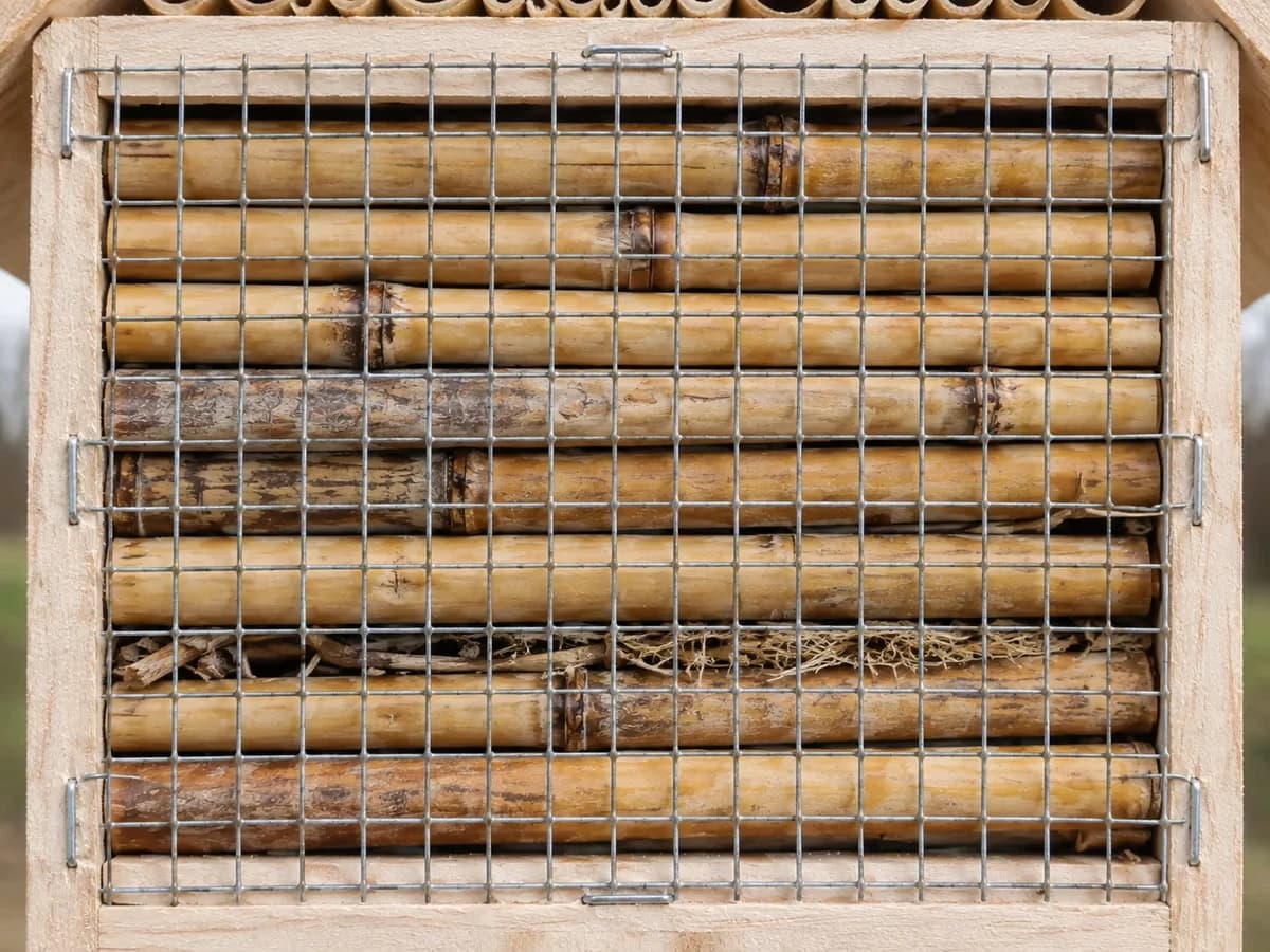 Façade d'un abri à insectes vue de près, cannes de bambou serrées contre le cadre par un grillage fin agrafé sur toute la largeur