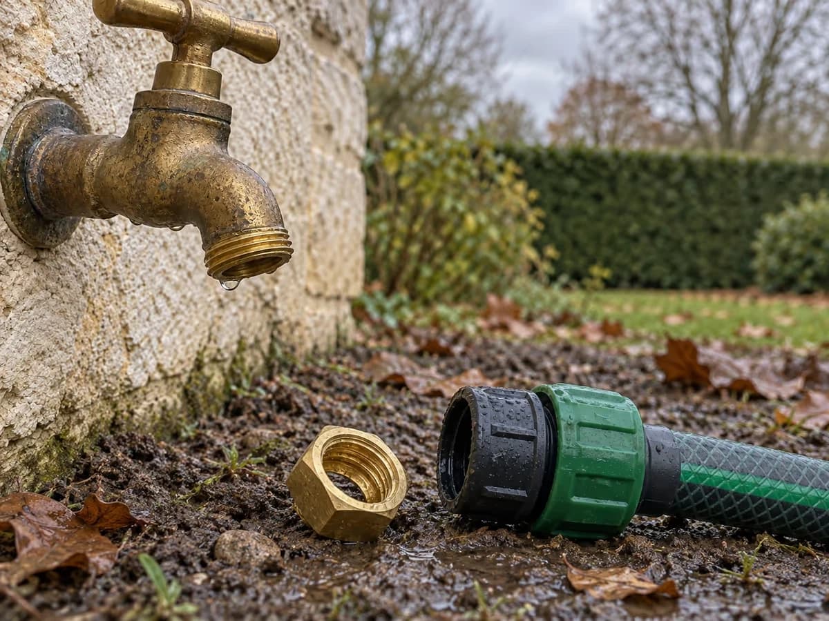 Raccord réducteur laiton dévissé d'une sortie d'arrosage en novembre, gouttes d'eau au fond du filetage femelle et tuyau posé à plat sur la terre