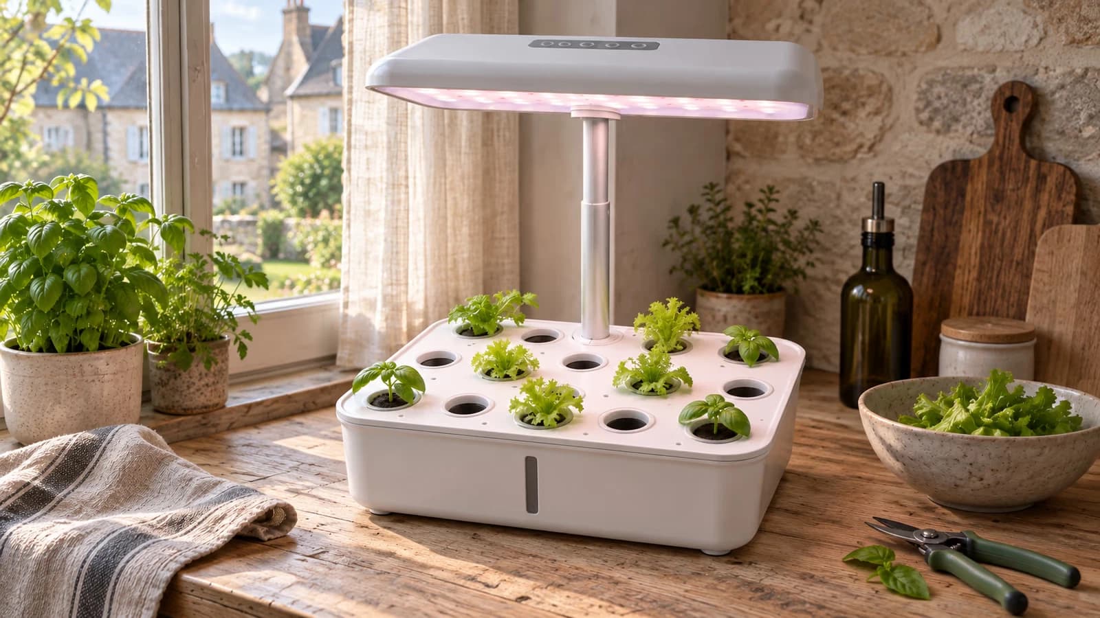 Système hydroponique de comptoir garni d'aromatiques sous sa capuche LED relevée, posé sur un plan de travail de cuisine, lumière du jour oblique