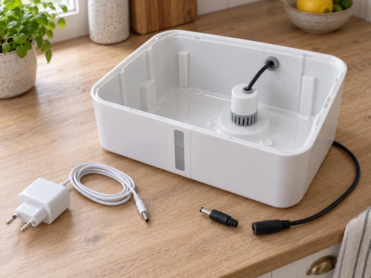 Bloc d'alimentation secteur et fiche de pompe posés côte à côte sur un plan de travail, à côté d'un réservoir hydroponique vide