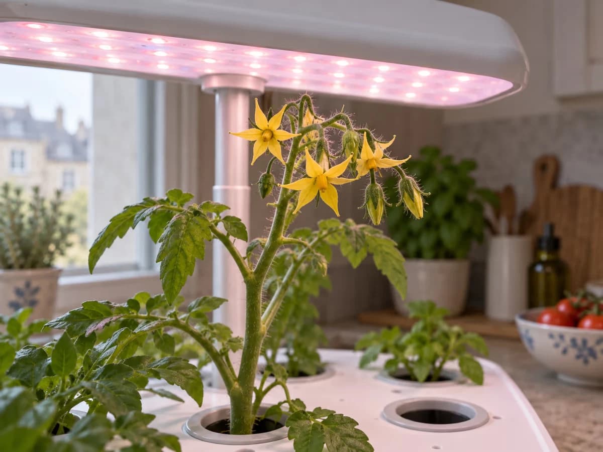 Grappe de fleurs de tomate jaunes ouvertes sous la capuche lumineuse d'un système de comptoir, étamines serrées en cône au centre